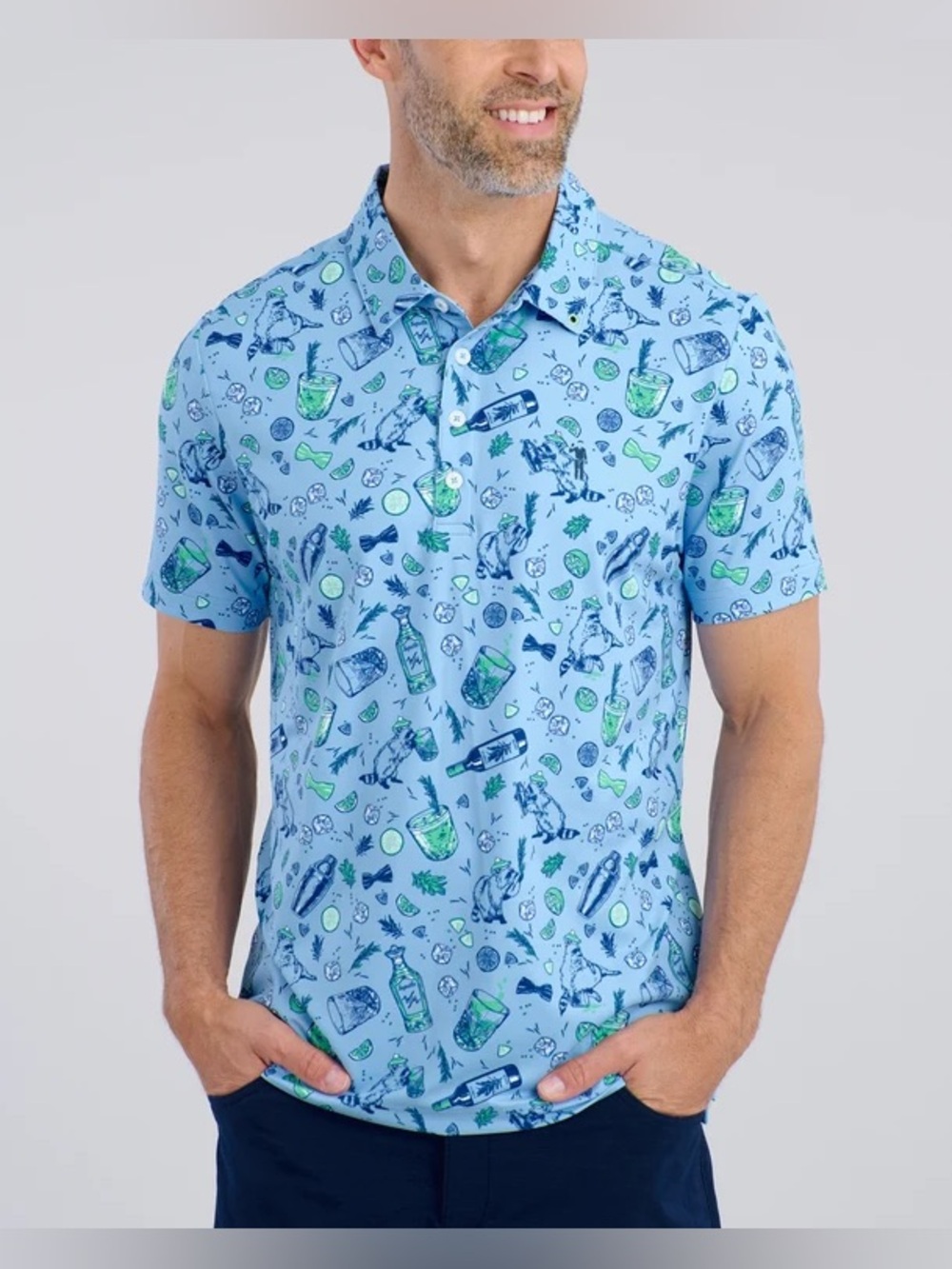William Murray Golf Light Blue Tequila Raccoon Theme Print Polo